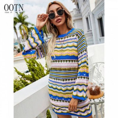 Ootn Fashion Short Dresses Vestidos Women 2022 Casual Long Sleeve Hollow Out Holiday Beach Vintage Colorful Crochet Mini Dress